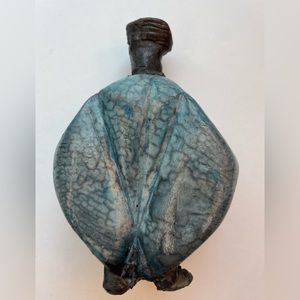 Handmade art pottery blue and black raku pottery vase with feet